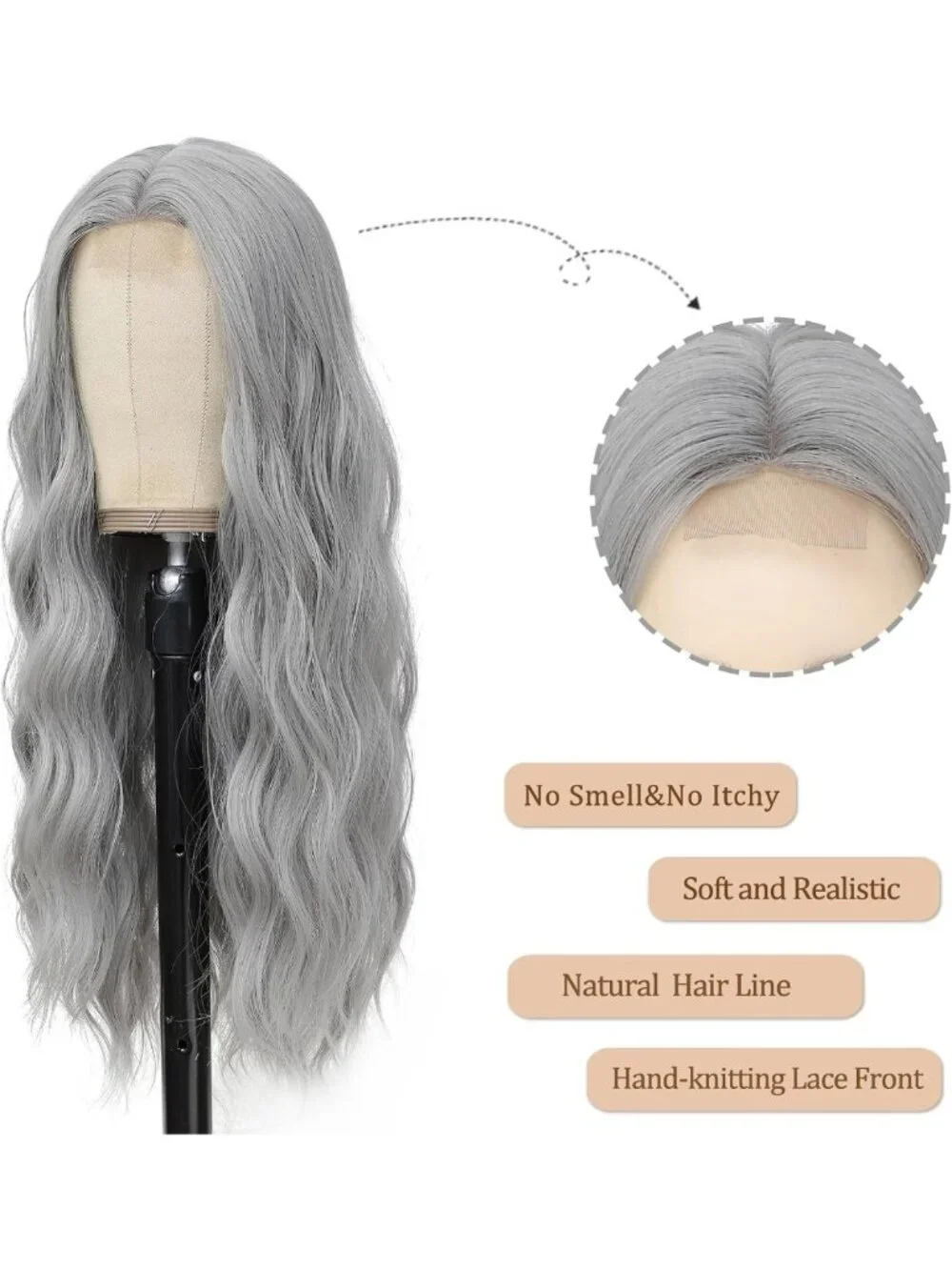 Long Silver Wavy Wig for Women | 26 Inch Curly Middle Part Hairpiece